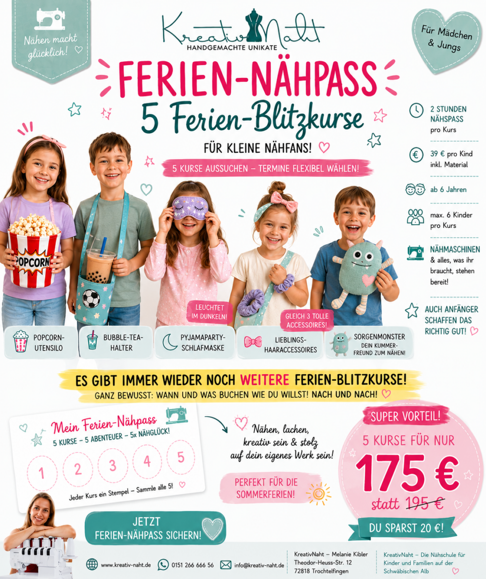 Kinder 5er-Karte – Ferien-Nähpass – 5 Ferien-Blitzkurse für kleine Nähfans! 5 Kurse – 5 kreative Abenteuer – 5x Nähglück!