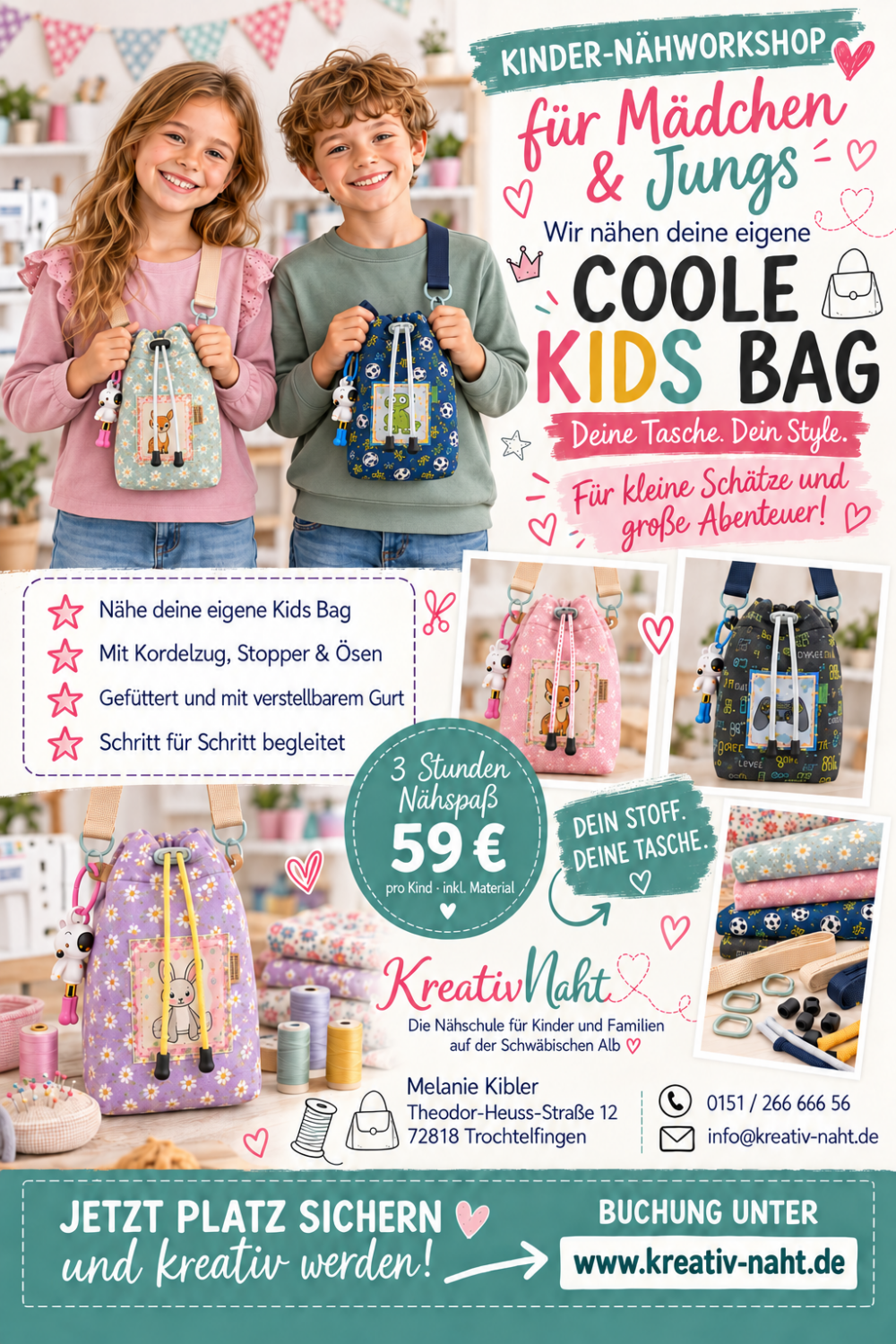 Workshop/Nähkurs: Coole Kids Bag – Deine Tasche. Dein Style. Selbst genäht! / Kursdauer: 3 Stunden