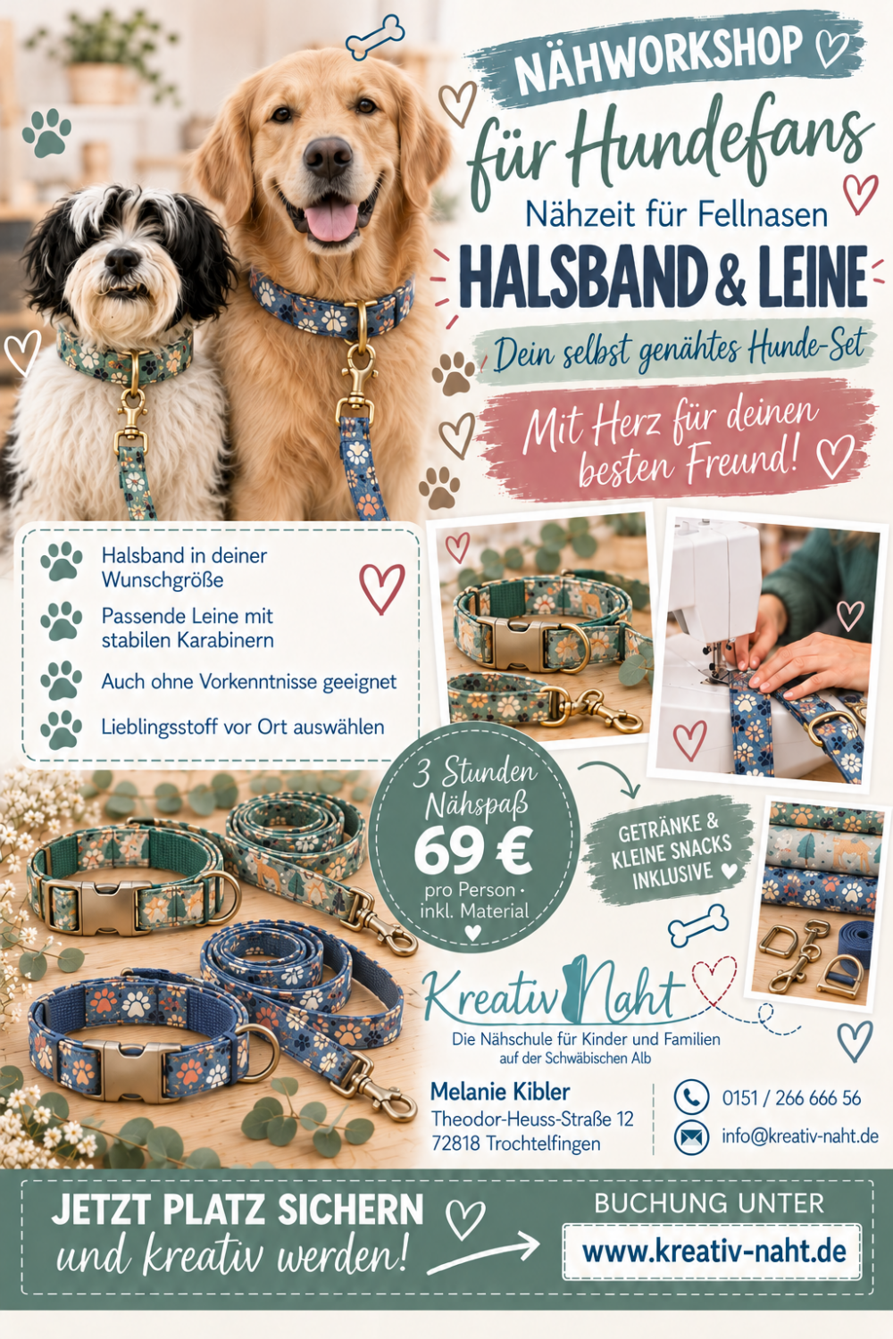 Workshop/Nähkurs: Gassi-Glück selbst genäht – Dein Hunde-Set für unterwegs (Halsband + Leine) / Kursdauer: 3 Stunden