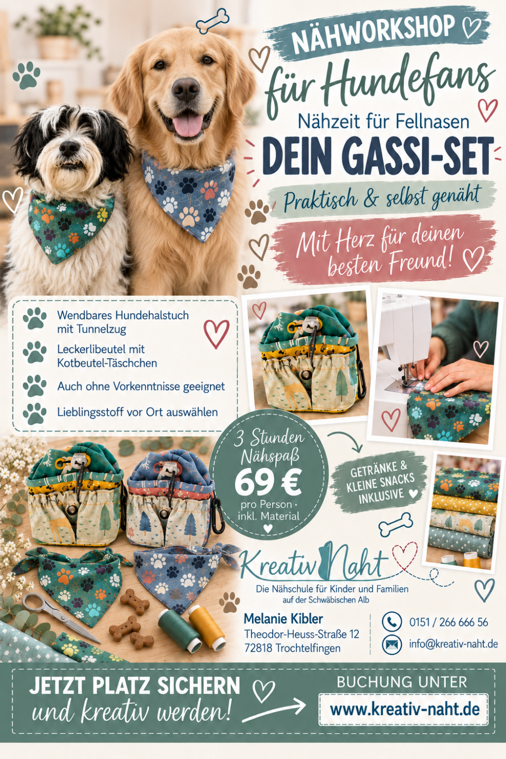 Workshop/Nähkurs: Gassi-Glück selbst genäht – Dein Hunde-Set für unterwegs (Halstuch + Leckerli-Kot-Beutel) / Kursdauer: 3 Stunden