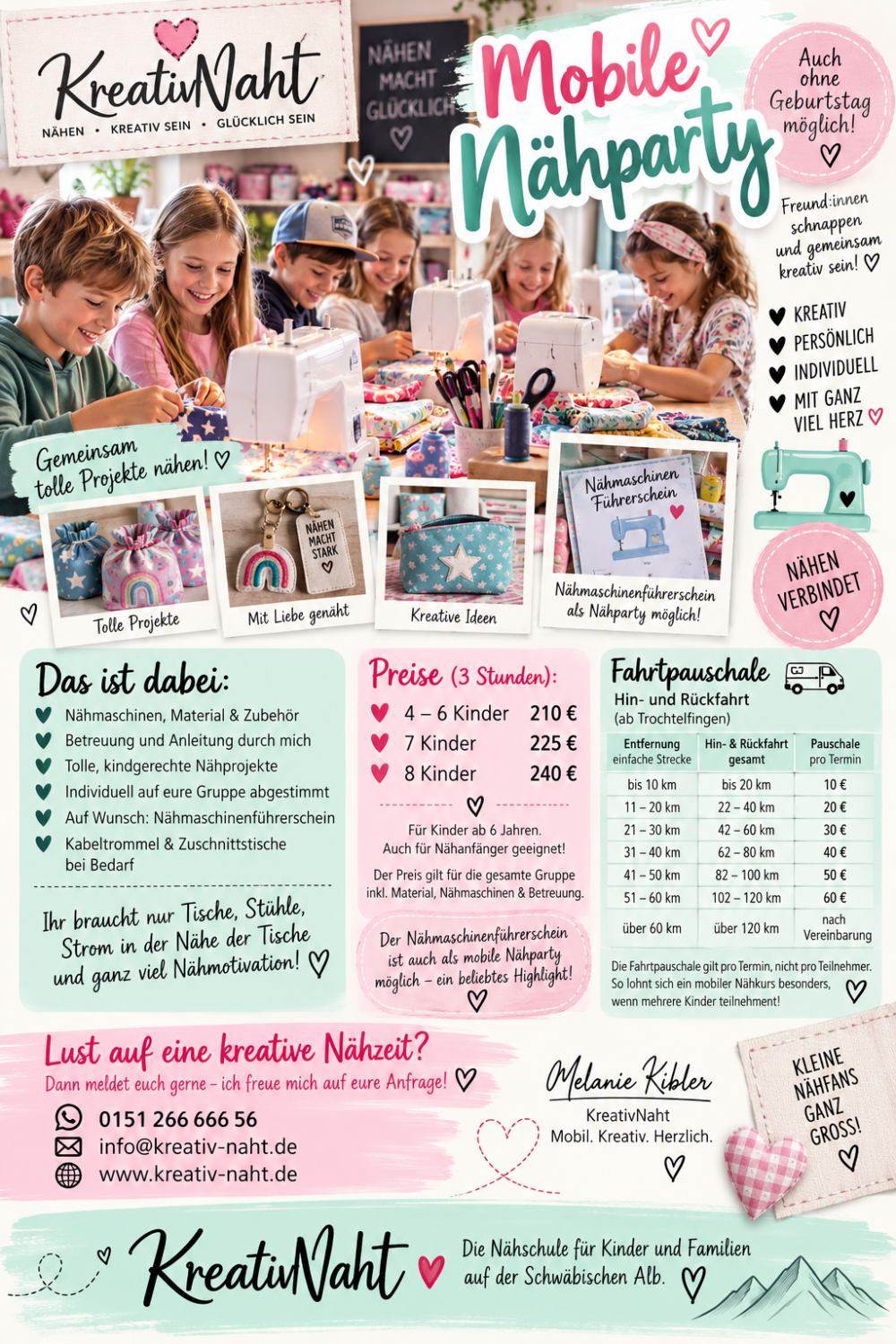 Mobile Nähparty für Kinder – Nähkurs bei euch zuhause | 3 Std. Nähspaß für 4–8 Kinder ab 6 Jahren