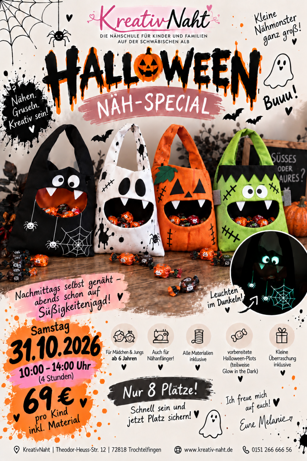 Halloween Näh-Special – Gruseltasche nähen für Kinder bei KreativNaht / Kursdauer: 4 Std. / nur 8 Plätze frei