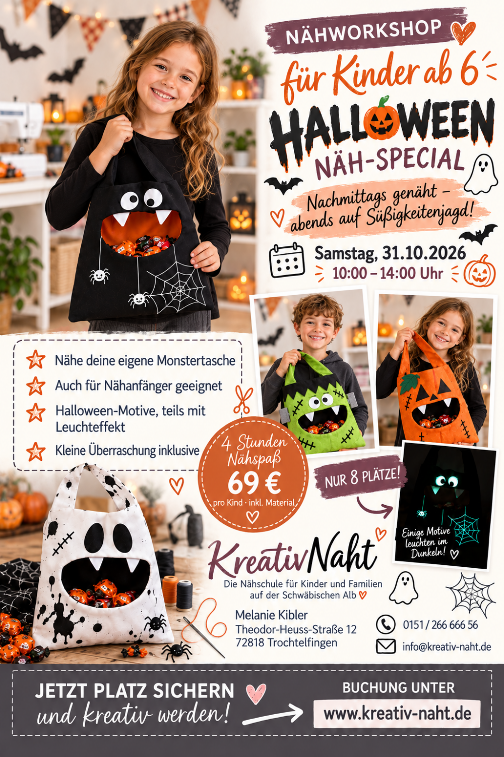 Halloween Näh-Special – Gruseltasche nähen für Kinder bei KreativNaht / Kursdauer: 4 Std. / nur 8 Plätze frei
