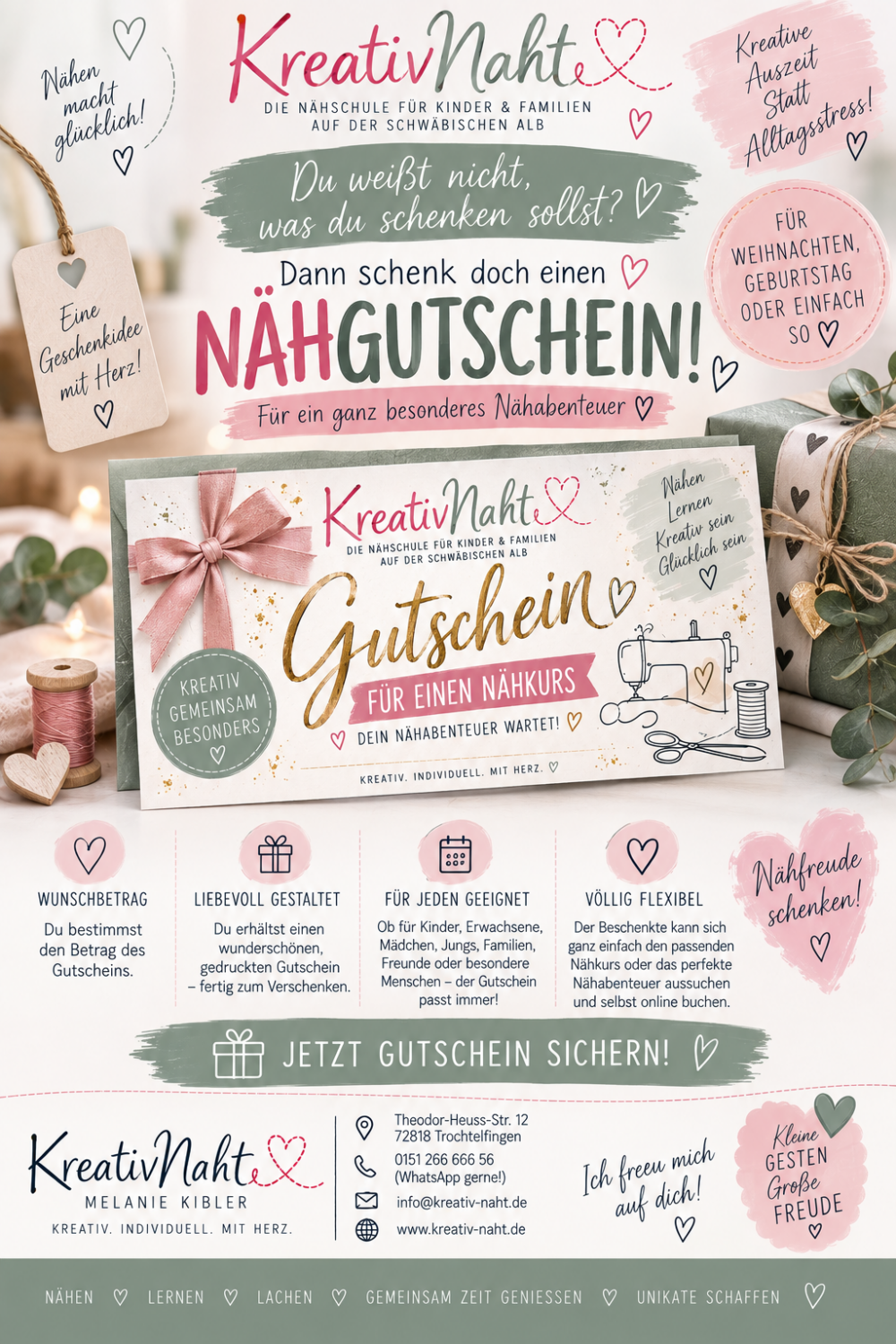 Nähkurs Gutschein (als gedruckte Karte inkl. Umschlag) oder digital per Email