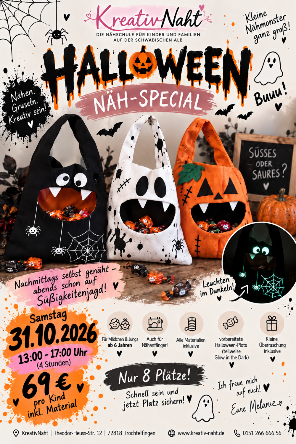 Halloween Näh-Special – Gruseltasche nähen für Kinder bei KreativNaht / Kursdauer: 4 Stunden / nur 8 Plätze frei