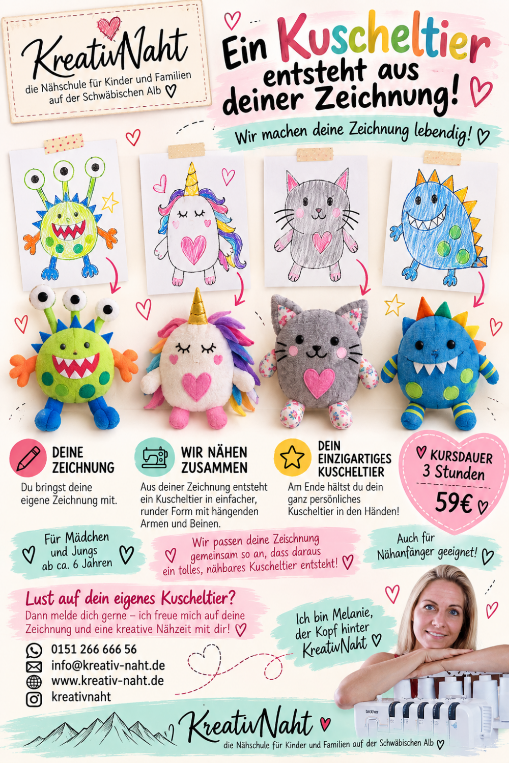 Workshop/Kinder-Nähkurs: Kuscheltier - Wir machen deine Zeichnung lebendig / Kursdauer: 3 Stunden / Auch für komplette Anfänger! Mädchen oder Jungs!