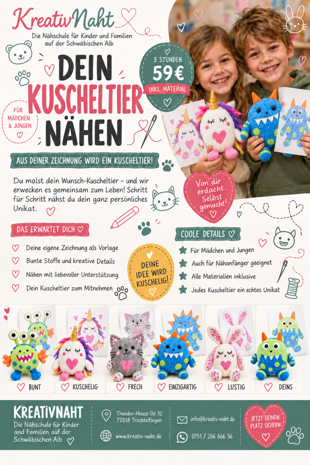 Workshop/Kinder-Nähkurs: Kuscheltier - Wir machen deine Zeichnung lebendig / Kursdauer: 3 Stunden / Auch für komplette Anfänger! Mädchen oder Jungs!