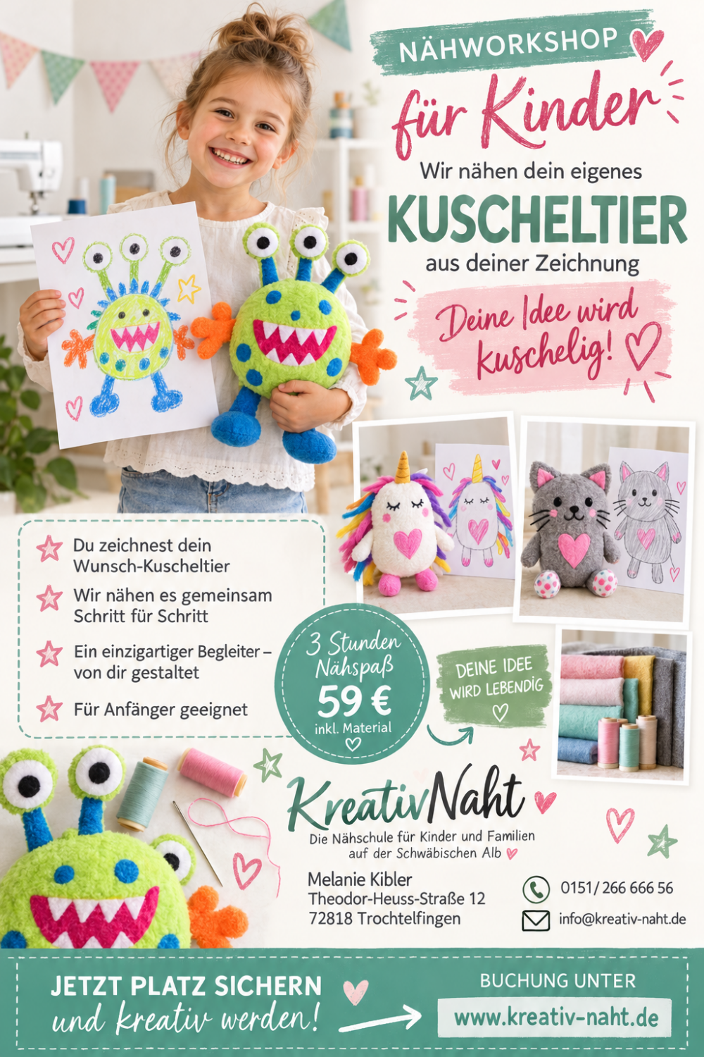 Workshop/Kinder-Nähkurs: Kuscheltier - Wir machen deine Zeichnung lebendig / Kursdauer: 3 Stunden / Auch für komplette Anfänger! Mädchen oder Jungs!