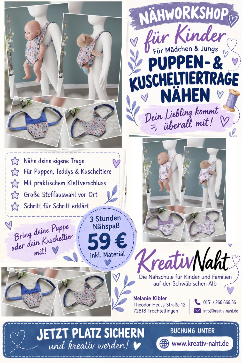 Workshop/Nähkurs für Kinder: Puppen- und Kuscheltiertrage nähen - Kindernähkurs für Jungs und Mädchen! / Kursdauer: 3 Stunden (Kopie)