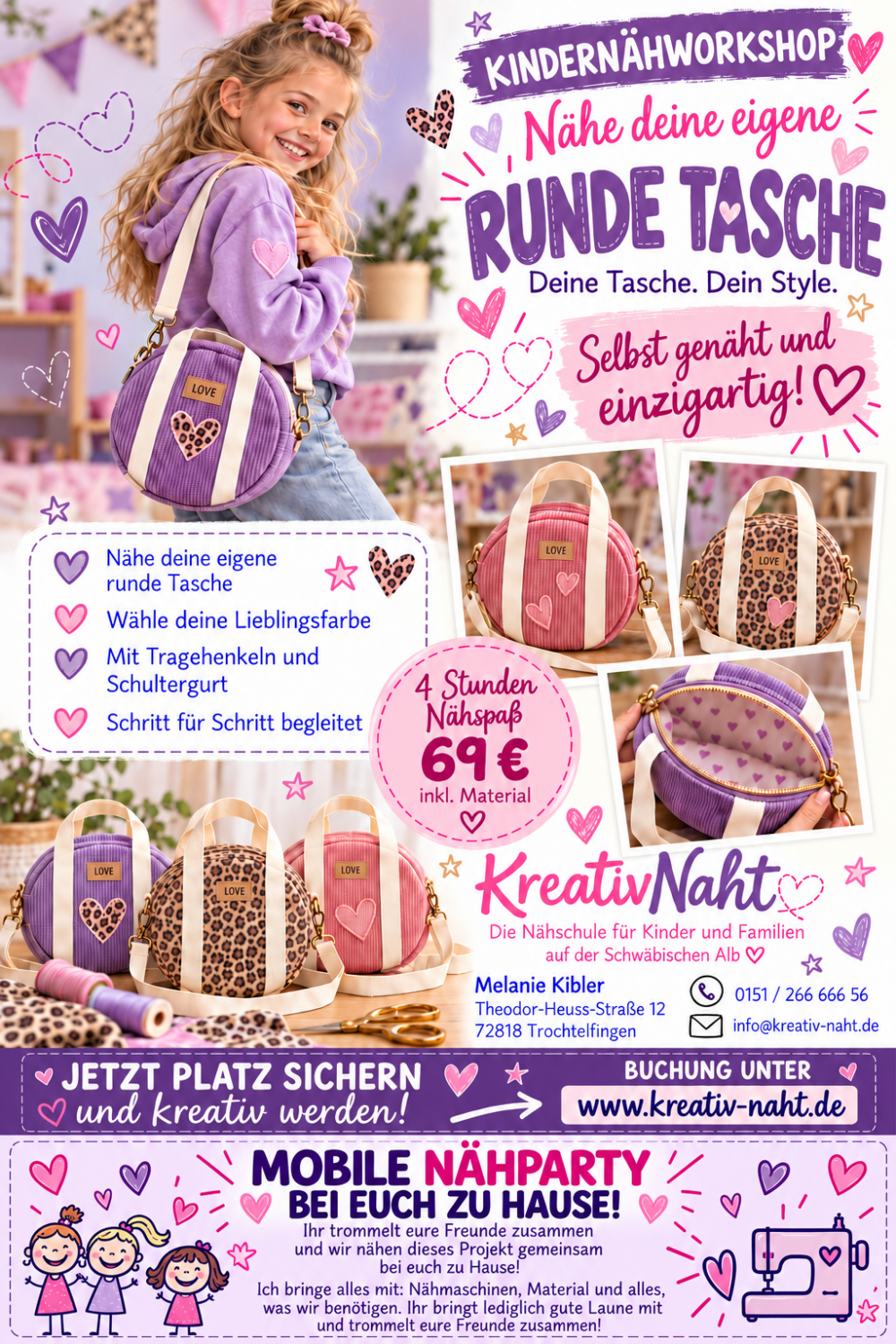 Kindernähkurs für Mädchen und Jungs: Runde Tasche nähen – deine Tasche, dein Style! – / Kursdauer: 4 Stunden