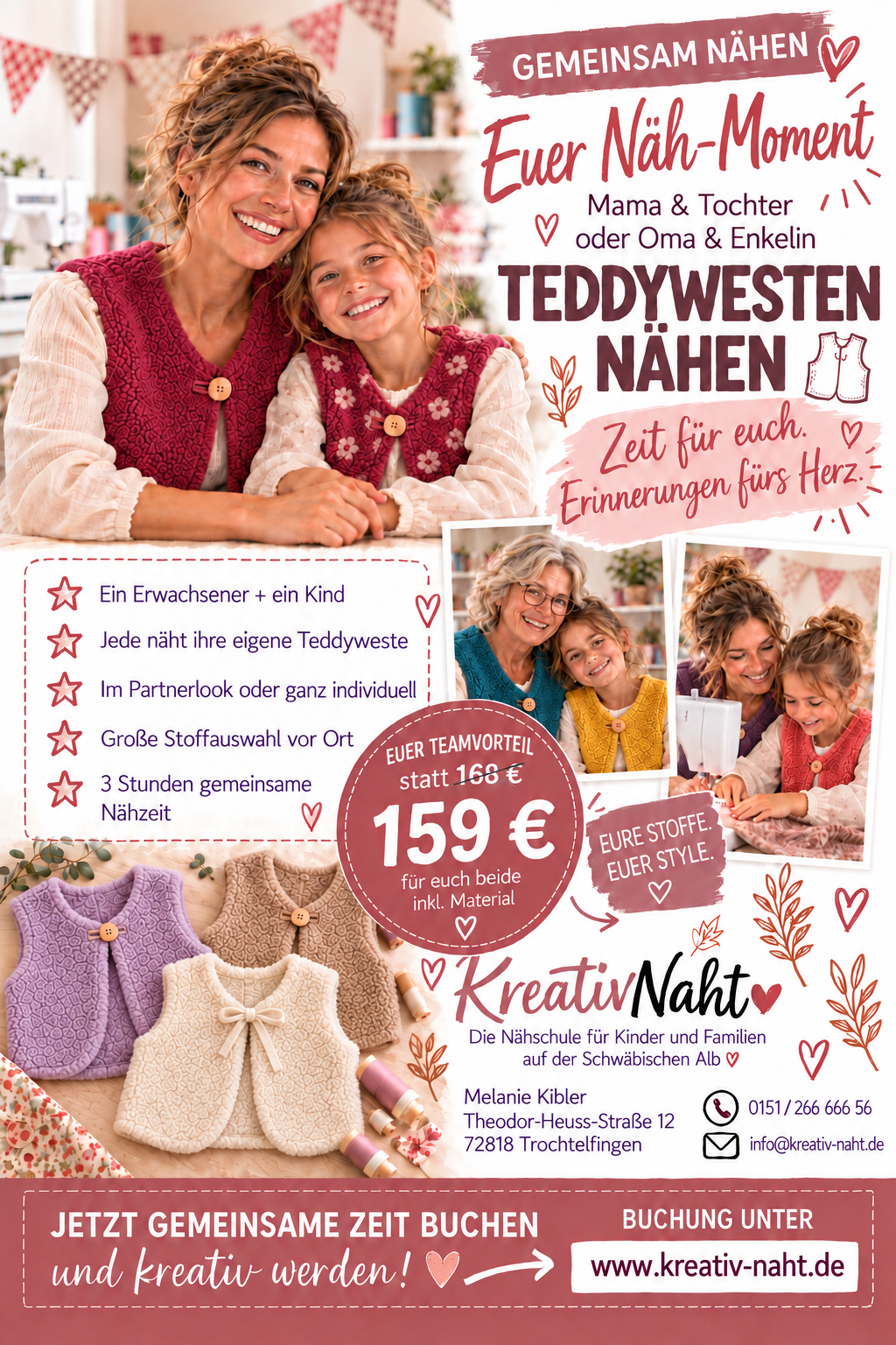 Euer Näh-Moment – Teddywesten nähen im Erwachsenen-Kind-Team – gemeinsamer Nähworkshop / Kursdauer: 3 Stunden