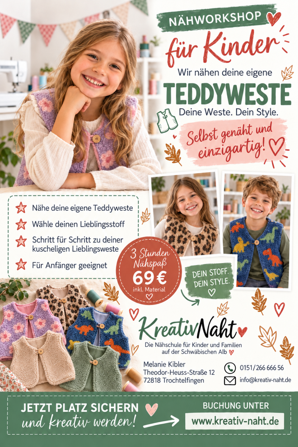 Workshop/Nähkurs für Kinder: Dein Stoff. Dein Style. Deine kreative Auszeit - kuschelige Teddyweste! Für Mädchen und für Jungs / Kursdauer: 3 Stunden